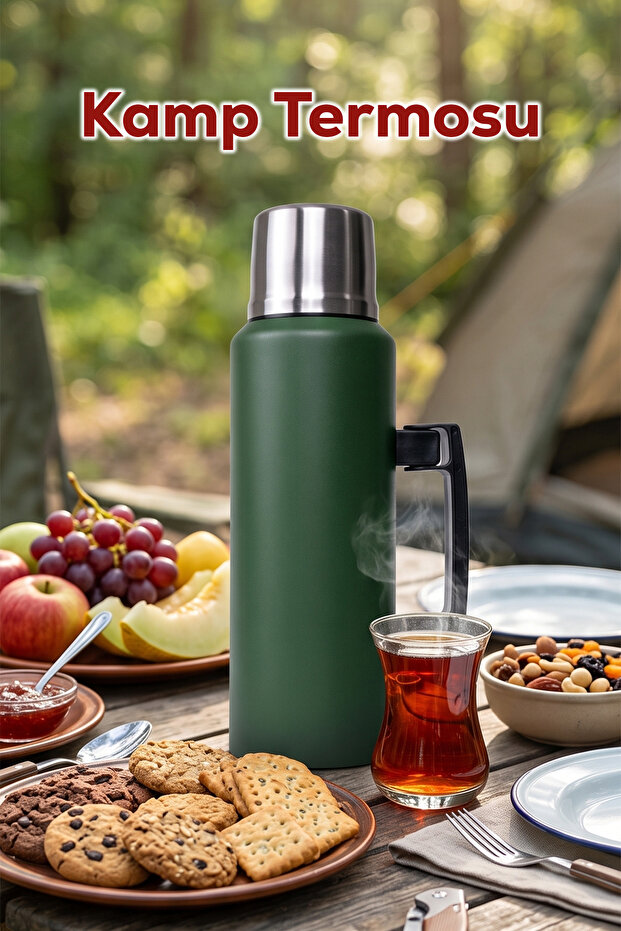 2085-1 Double Layer Stainless Steel Thermos Flask with Handle 1.5Lt Green