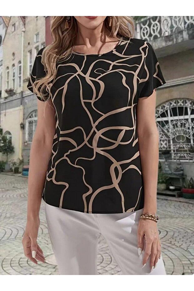 Women's Short Sleeve Crew Neck Single Jersey Patterned Blouse