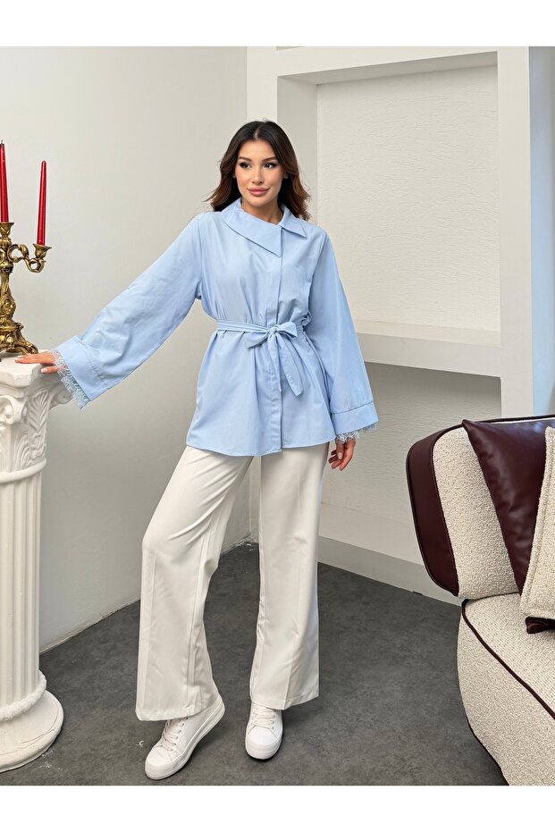 Women's Belted Oversize Long Shirt with Tassel Cuffs