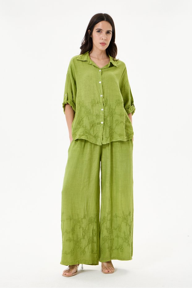Women's Apple Green Italian 100% Linen Floral Embroidered Trousers - Linen Suit with Shirt Size 40 - 44