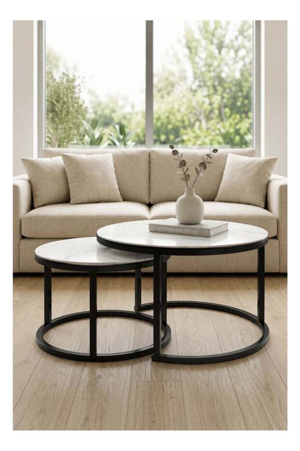 Ceramic Round Nesting Coffee Table Set with Metal Frame 2 Pieces