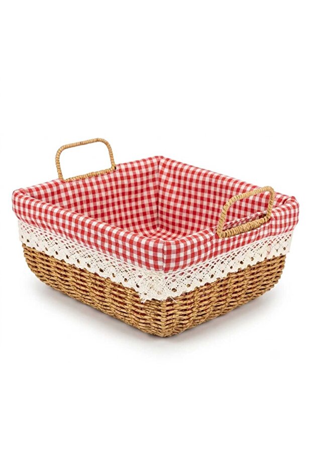 Square Woven Storage Basket with Gingham Lining & Handles