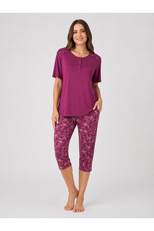 Women's Plus Size Modal Fabric Short Sleeve Buttoned Collar Capri Suit Pajama Set 50% Cotton 50% Modal