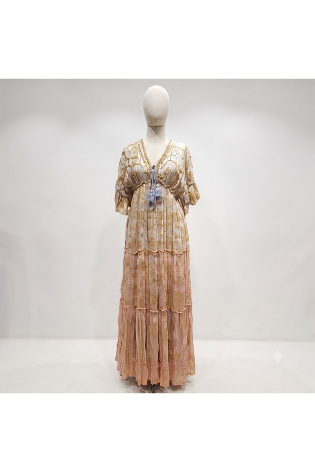 Women's Bohemian Dress - Stone Embellished Model with Gold-Look Lace-Up Tassels