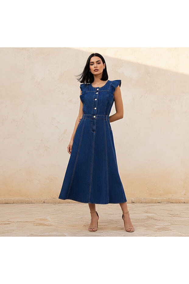A-line Midi Cotton Denim Dress with Ruffle Detail