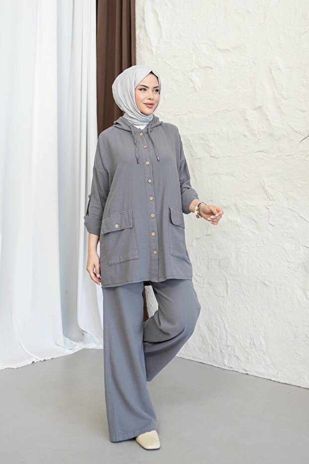 Hooded Detailed Pocketed 100% Cotton Linen Double Set