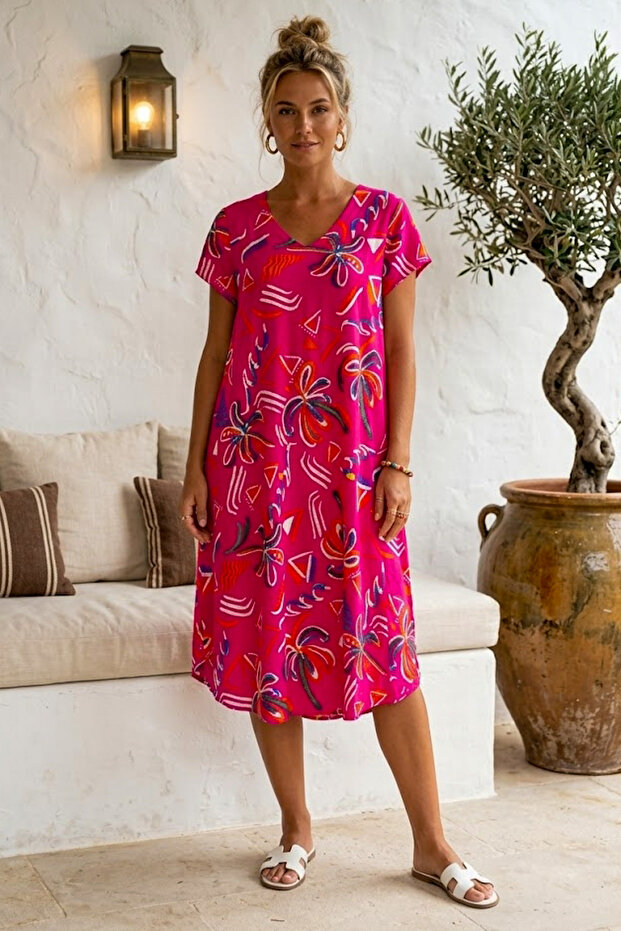 Pink V-Neck Short Sleeve Patterned Casual Viscose Woven Dress 113 64