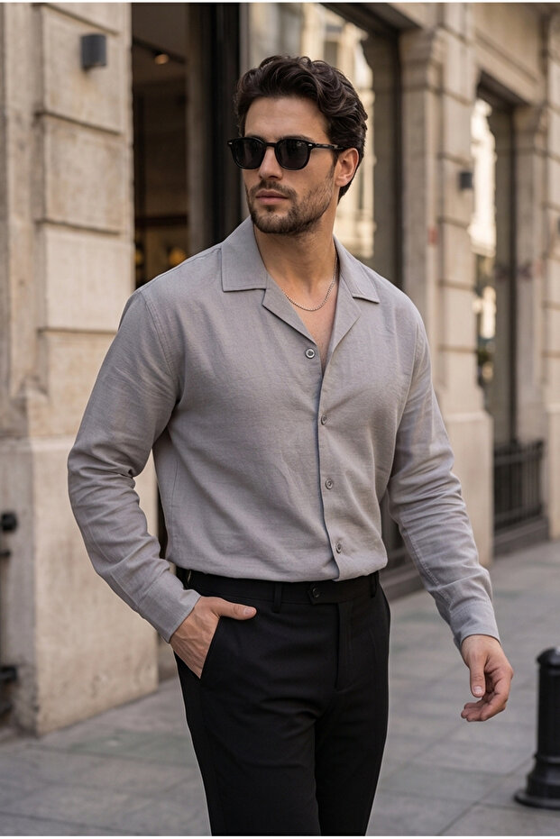 Men's Anthracite Gray Oversize Camp Collar Muslin Look Long Sleeve Summer Shirt