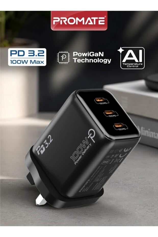 Quantum-100 100W PowiGaN 3-Port USB-C Fast Charging Adapter | Smart Power Distribution, PPS Charging, AI Thermal Protection, PD 3.2 Technology, for MacBook & iPad