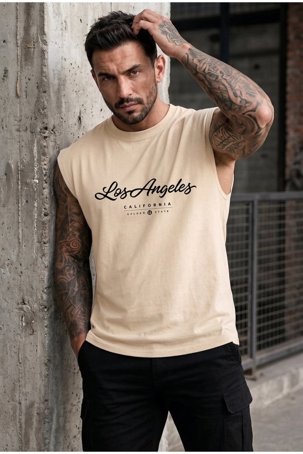 Men's Golden Los Angeles Zero Sleeve Crew Neck T-Shirt