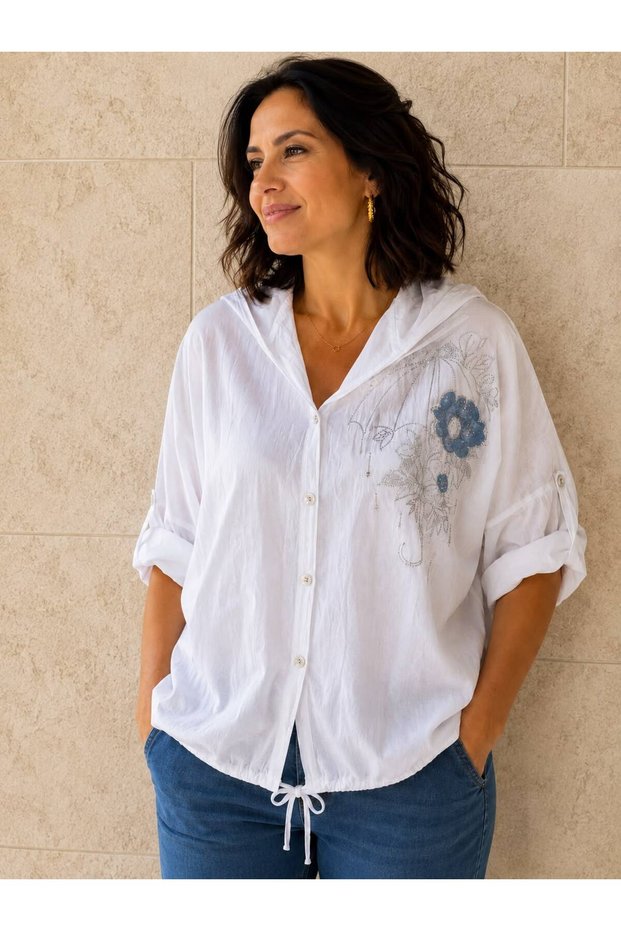 Women's Hooded Sequined Cotton Shirt 44-48