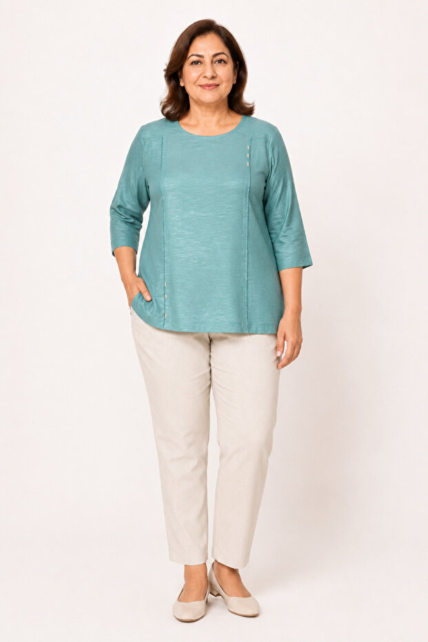 Women's Zero Collar Combed Cotton Blouse Ges Kol Y26-607-Emerald
