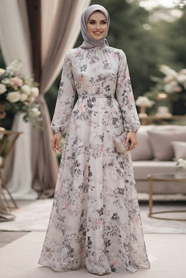 Floral Patterned Beige Hijab Dress 27963Bej