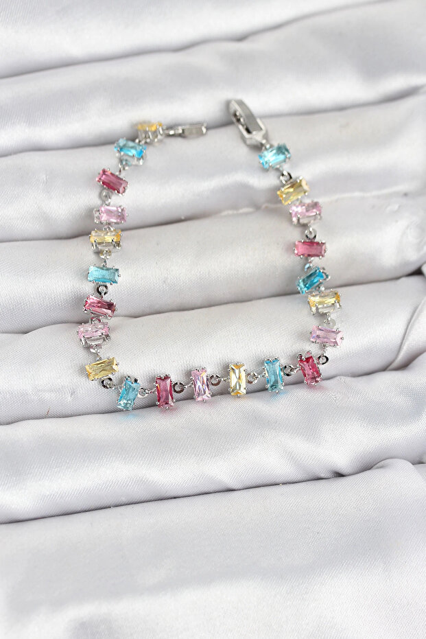 Crystal Stone Baguette Cut Mixed Color Silver Color Gema Women's Bracelet