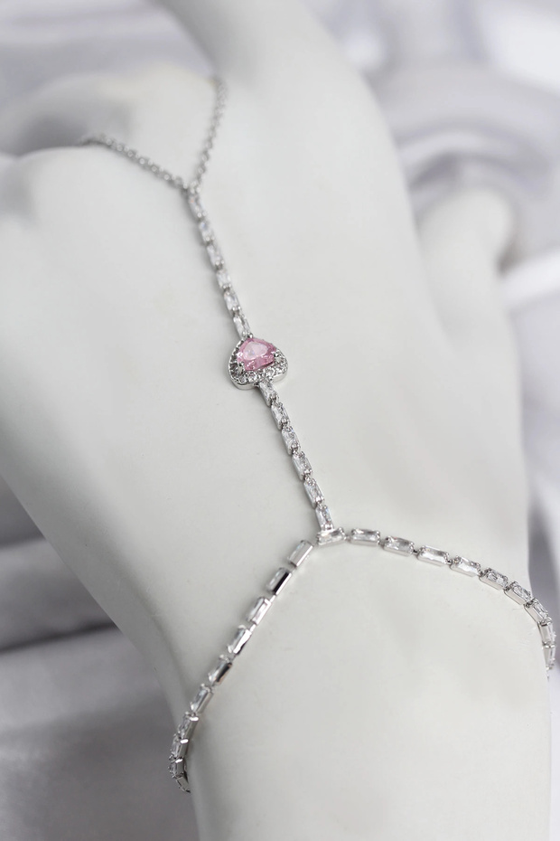 Silver Color Brass Zircon Stone Pink Heart Model Şahmeran