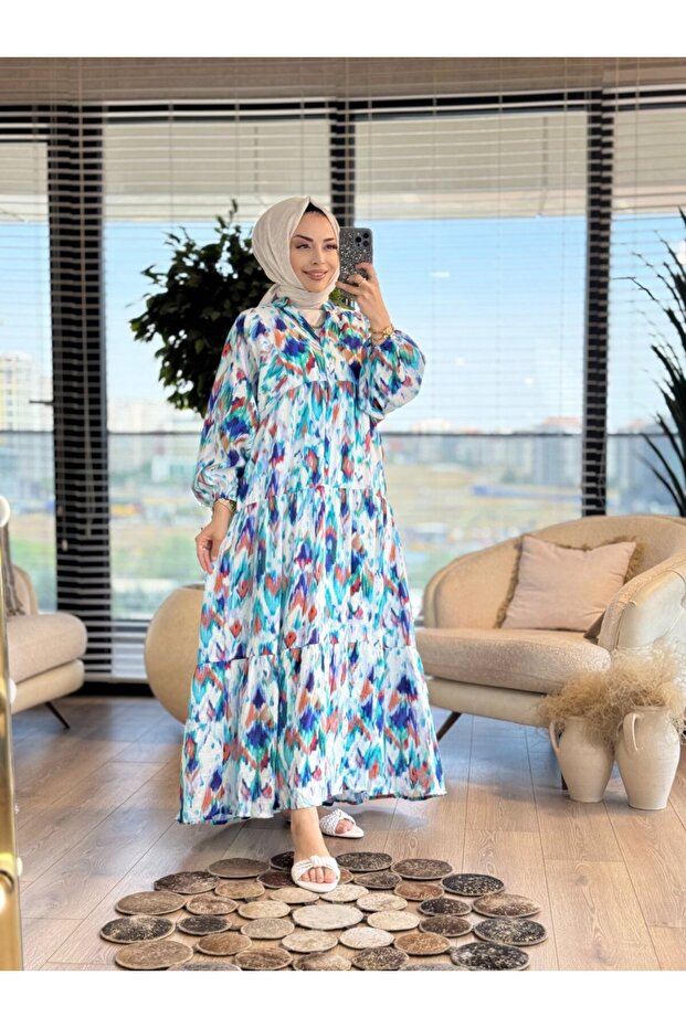25EL296 فستان بنمط الألوان المائية باللون الفيروزي