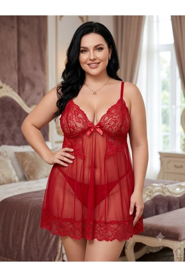 Lace Detailed Plus Size Nightgown with Fine Adjustment Straps