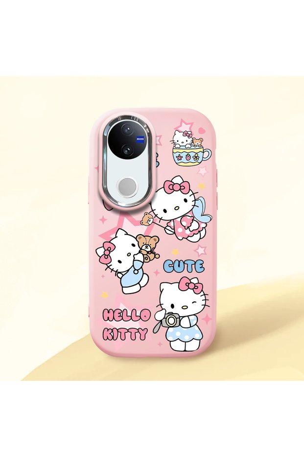 Vivo V50 Compatible Case Camera Protector Pink Silicone Couple Phone Case with Kitty Pattern