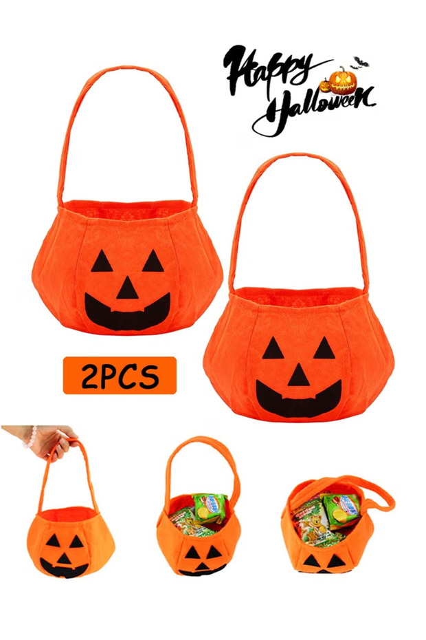 (eb16x2)2PCS Halloween Pumpkin Bag 3D Non Woven Candy Tote Bag Halloween Pumpkin Handbag Makeup Clothing Props