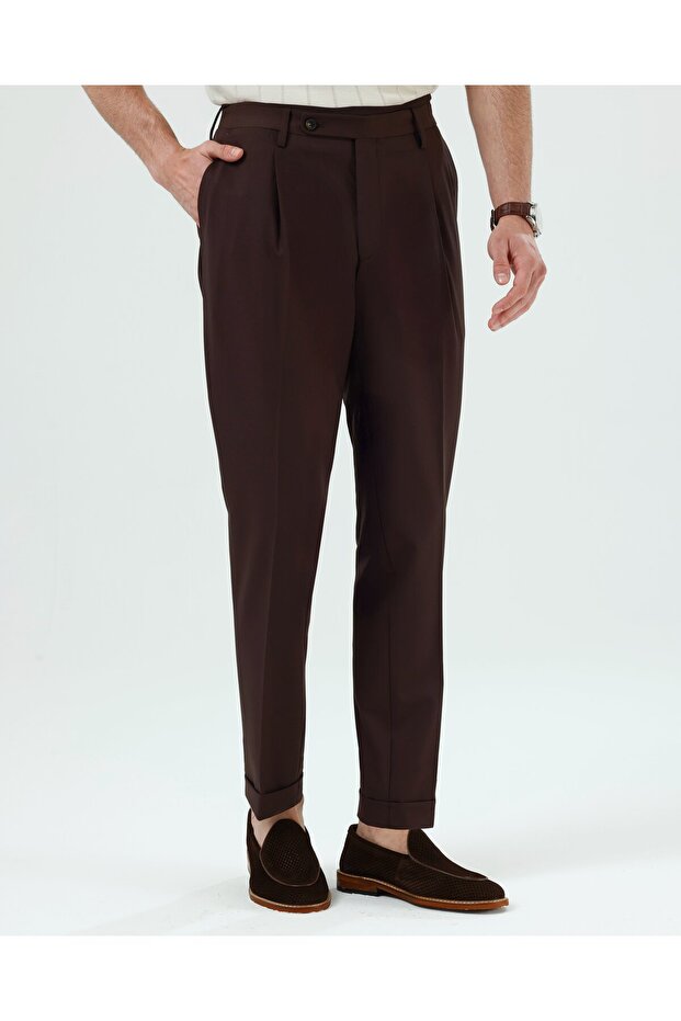 Slim Fit Double Leg Pleated Trousers Brown T20130-03