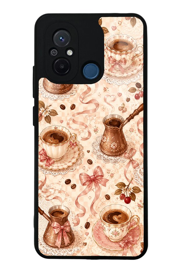 Xiaomi Redmi 12C Glossy Phone Case with Blush Coffee Bow Design