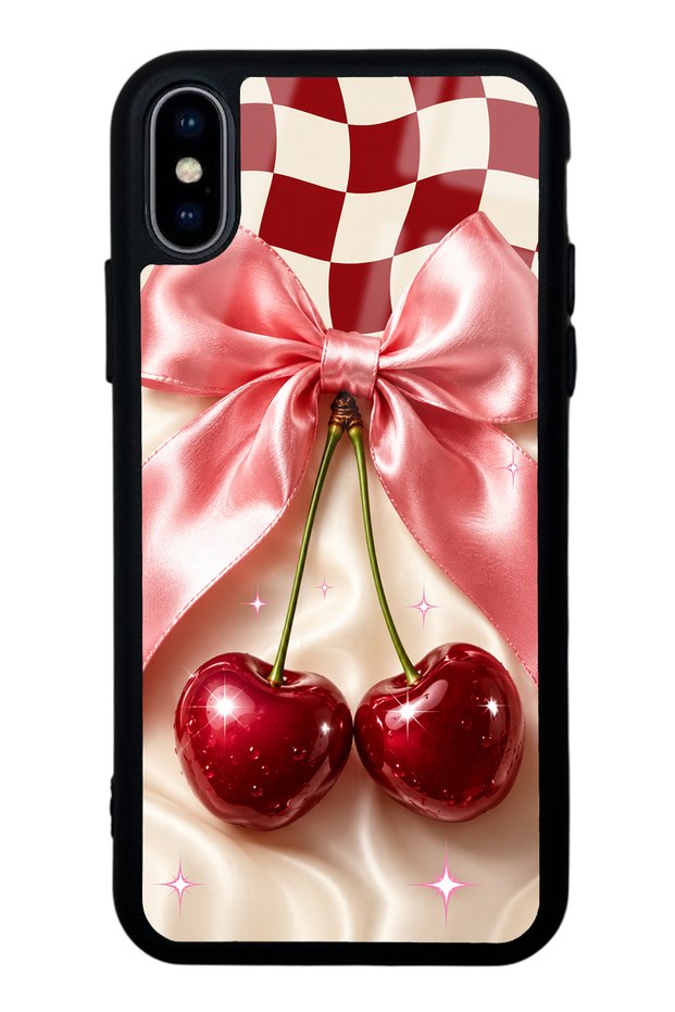 iPhone X Glossy Phone Case with Cherry Picnic Bow Design