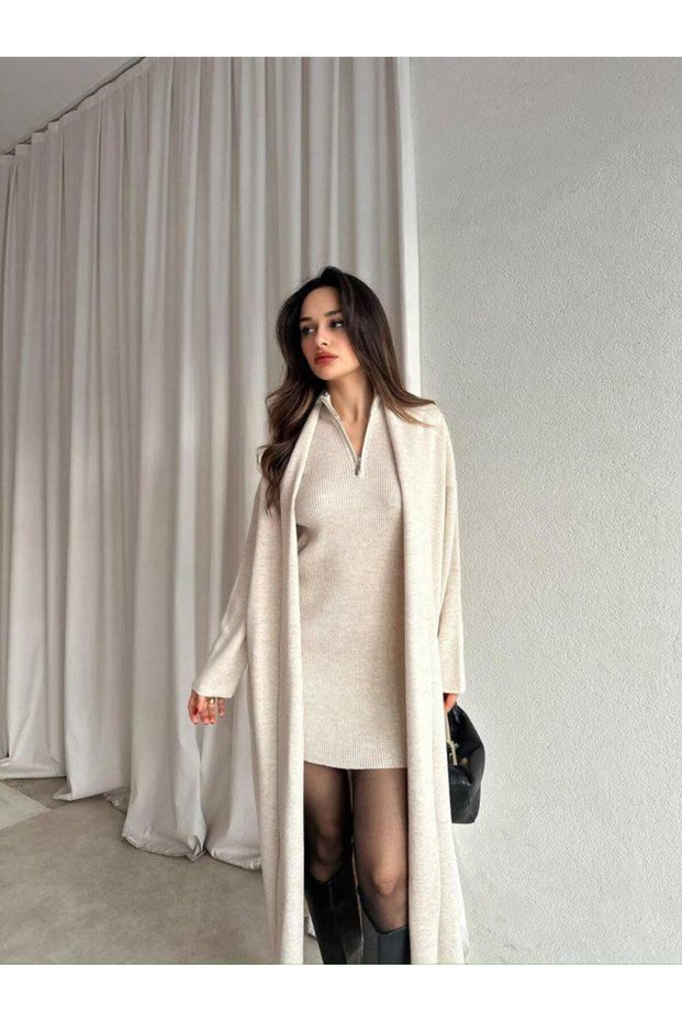 Zippered Ribbed Knitwear Dress - Long Cardigan