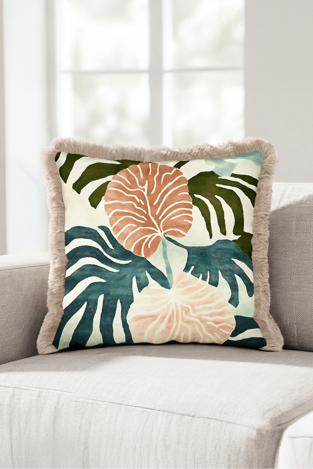 Tropical Leaf Exotic Monstera Fringed Pillowcase - Botanical Pink Mink Tassel Throw Pillow Cover