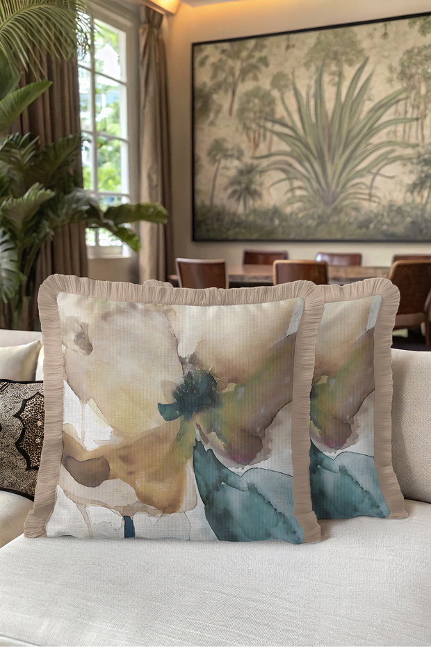 Abstract Floral Design Fringed Pillowcase - Artistic Floral Beige Blue Mink Tassel Throw Pillow Cover