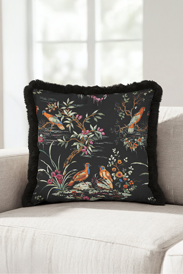 Exotic Bird Botanical Fringe Pillowcase - Ethnic Retro Cream Black Tassel Throw Pillow Cover