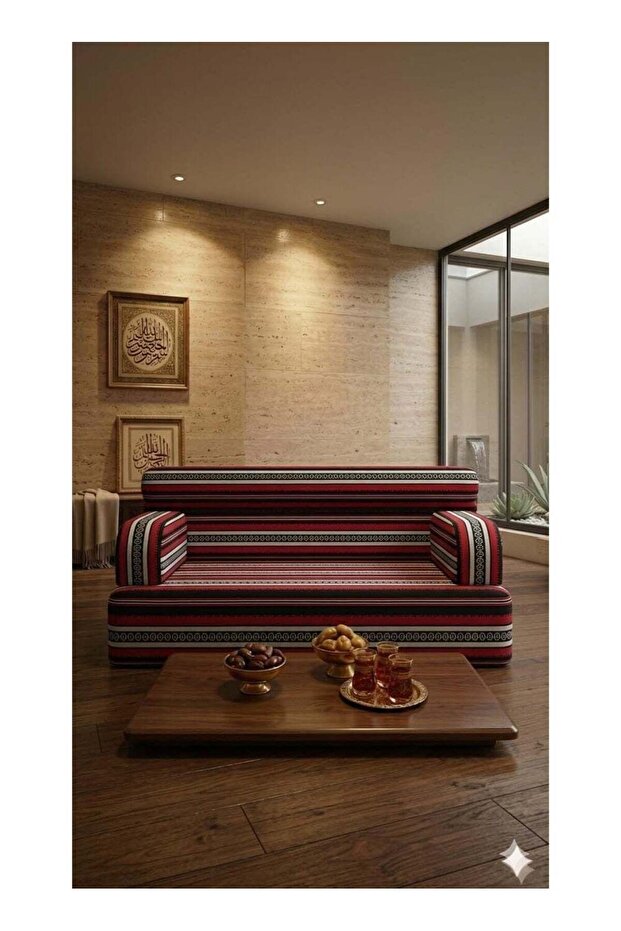 Traditional Arabic Majlis Sofa, Red and Black Striped, Floor Seating, Middle Eastern Style