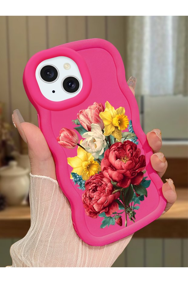 iPhone 15 Plus Compatible Case with Camera Protection Red Silicone Couple Phone Case with Floral Pattern