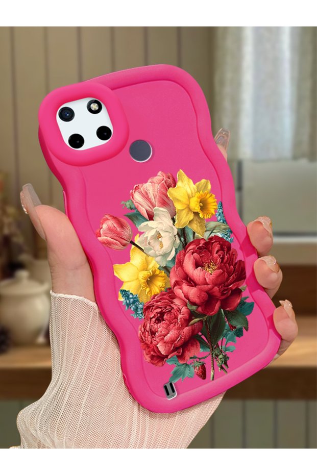 Realme C25Y Compatible Case Camera Protector Red Silicone Couple Phone Case Floral Pattern