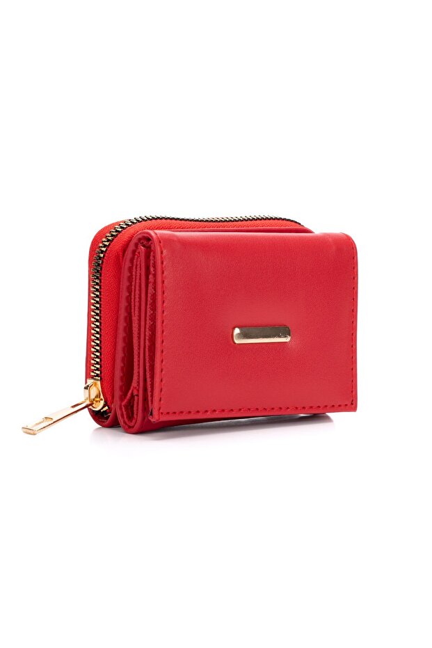 Women's Zippered Wallet with Multiple Card Slots and Coin Compartment - Red