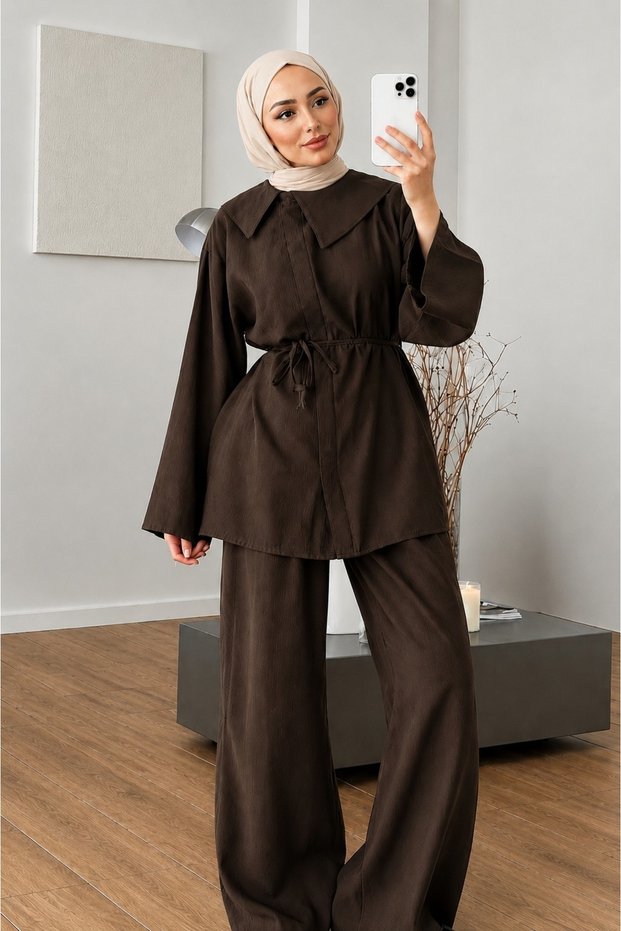 Women's Handkerchief Collar Top and Bottom Set | Wide Sleeve Waist Tie Detailed Double Suit | Wide Leg Pants | Daily Stylish Hijab Women's Set