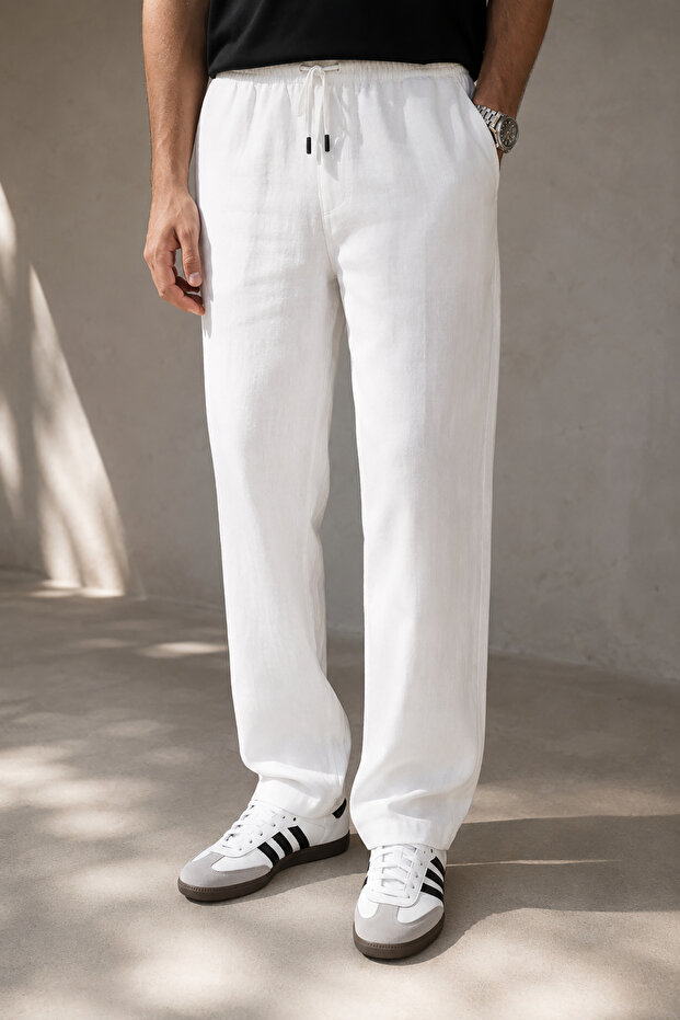 Men's White Linen Trousers with Elastic Waist and Drawstring, Comfortable Fit, Summer Casual Pants