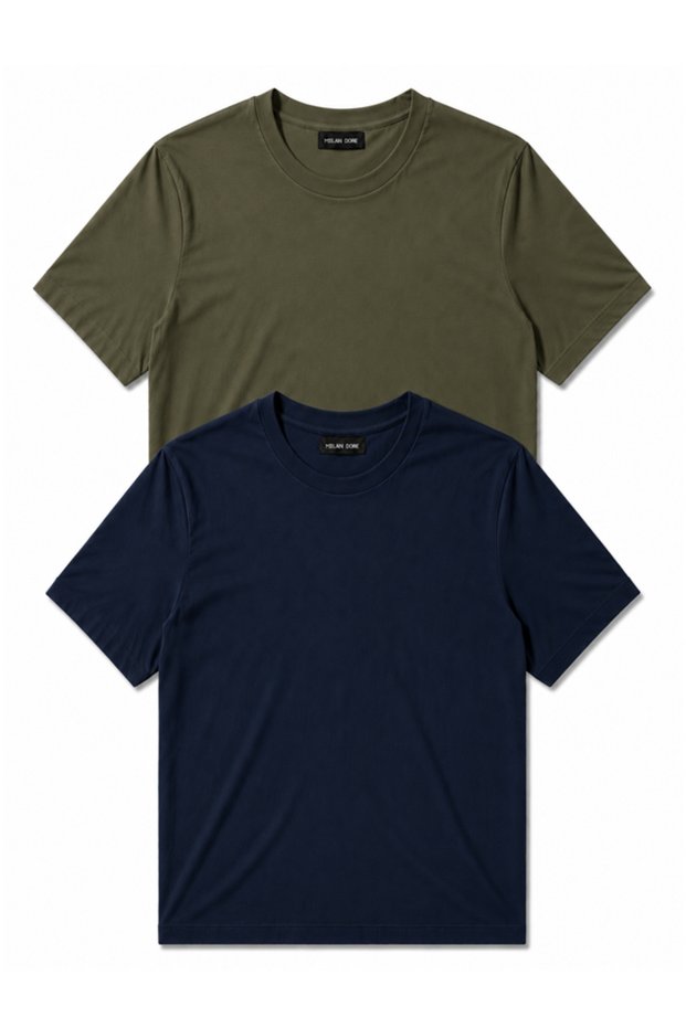 Set of 2 Men's Navy-Khaki Cotton Slim Fit Crew Neck Basic T-Shirts