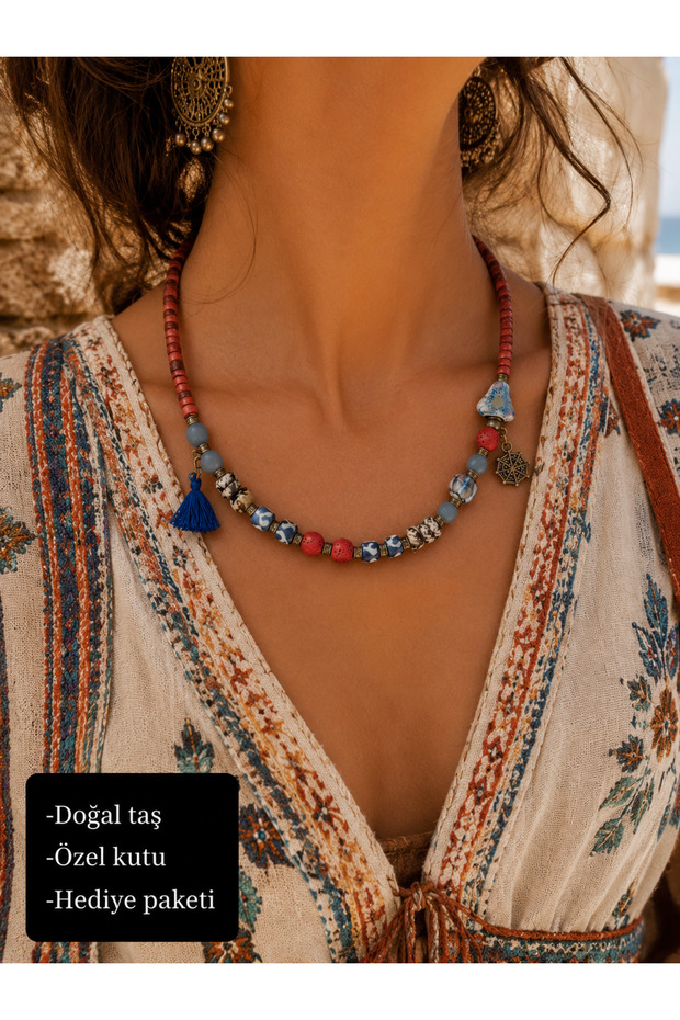 Bohemian Design Necklace with Natural Stone Red Coral and Ceramic Bead Detail