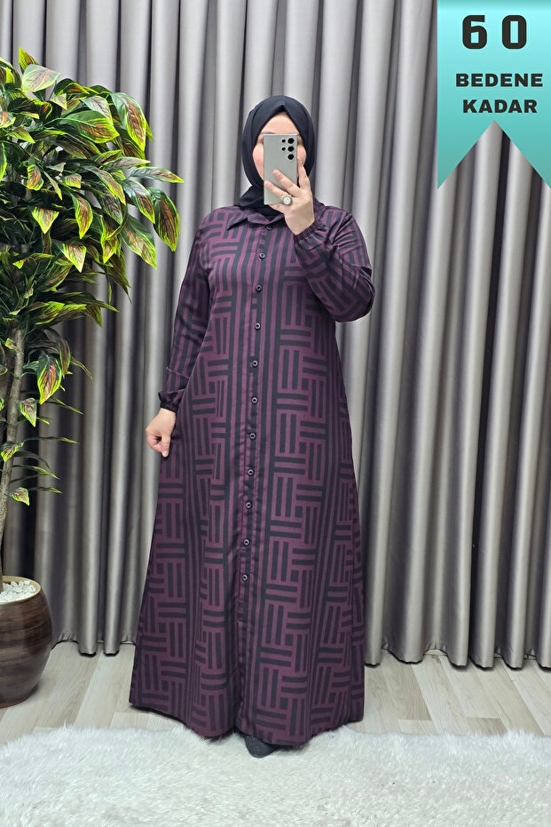 Women's Clothing Plus Size Space Fabric Maze Pattern Buttoned Shirt Dress