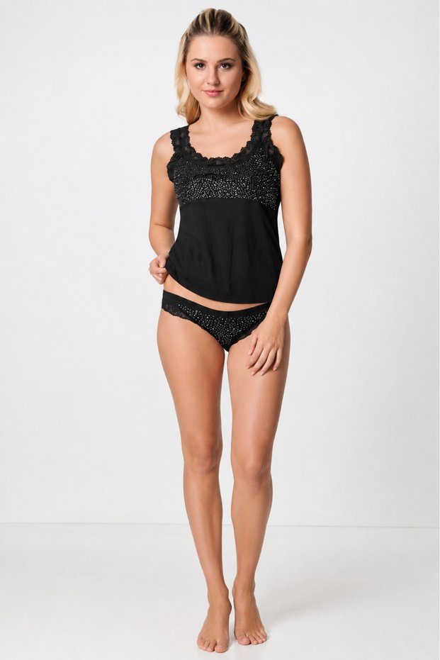 3 Pieces Women's Sequined Athlete Silip Panties 2-Piece Set with Guipure Detail 90% Cotton 10% Lycra