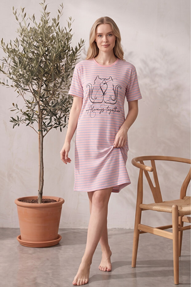 Cotton Patterned Striped Interlock Knitted Short Sleeve Nightgown Dress 95cm