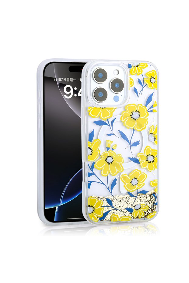 iPhone 14 Pro Max Case Liquid Glitter Patterned Magsafe Camera Raised Silicone Senk