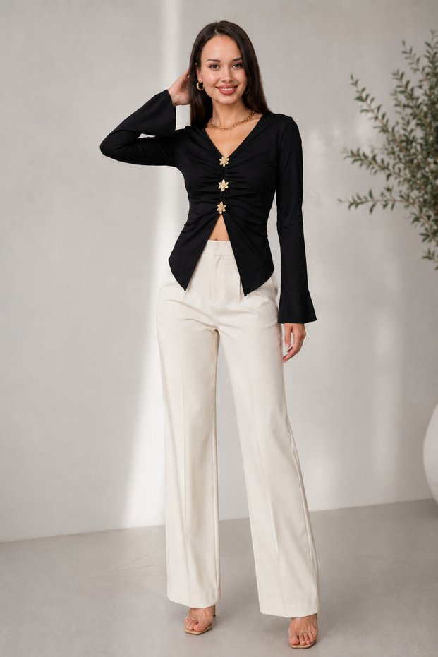 Women's Elegant Flower-Shaped Metal Button Detail Bluz with Gathered Detail