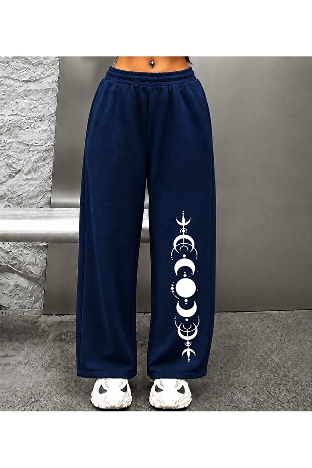 Women's Wide Leg Moon Phases Printed Sweatpants Black Comfortable Fit