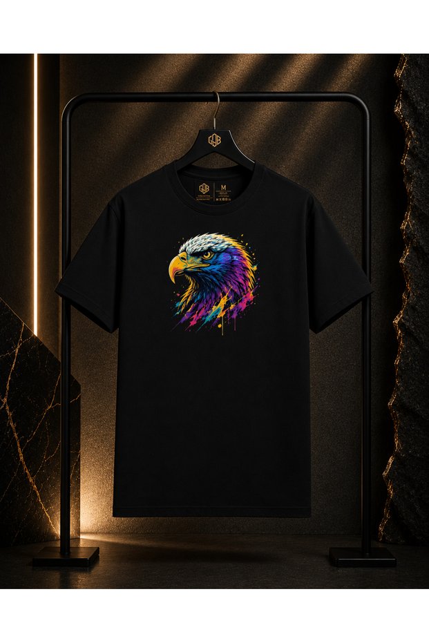 Unisex Premium Eagle Printed 100% Cotton Oversize Crew Neck Short Sleeve T-Shirt Black