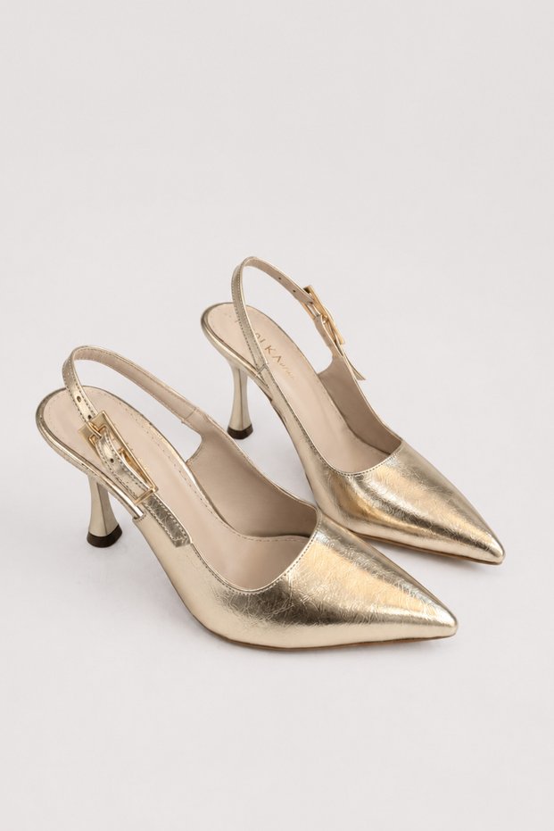 Saint Gold Metal Buckle Detailed Pointed Toe Back Open Stiletto Evening Dress Heeled Women's Shoes