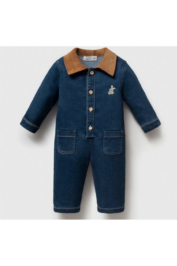 Baby Girl Denim Look Long Sleeve Jumpsuit with Pockets and Embroidery Detail Stylish Jumpsuit 9-24 Months