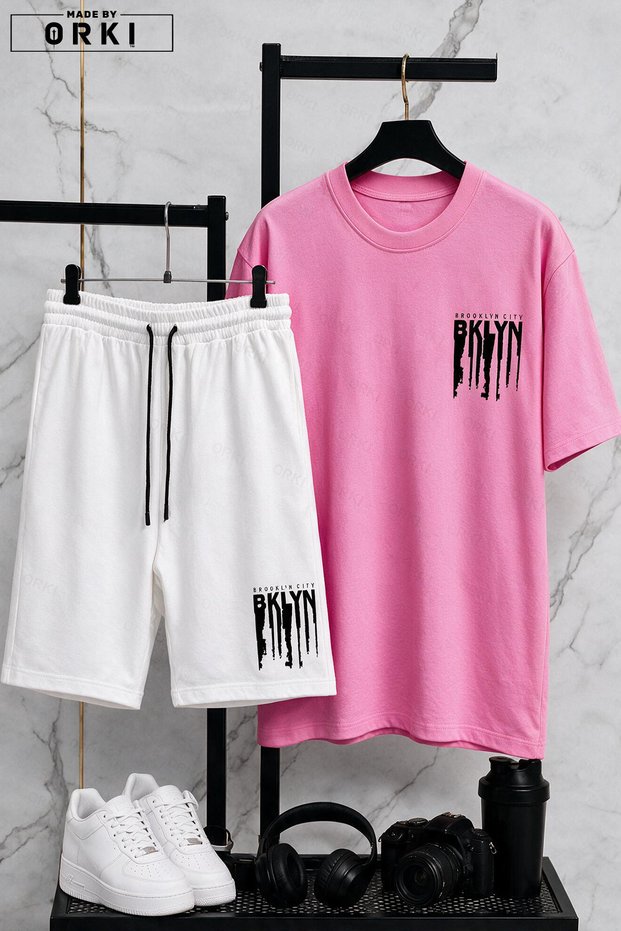 Bklyn Printed Cotton Fabric Unisex T-Shirt-White Shorts Set