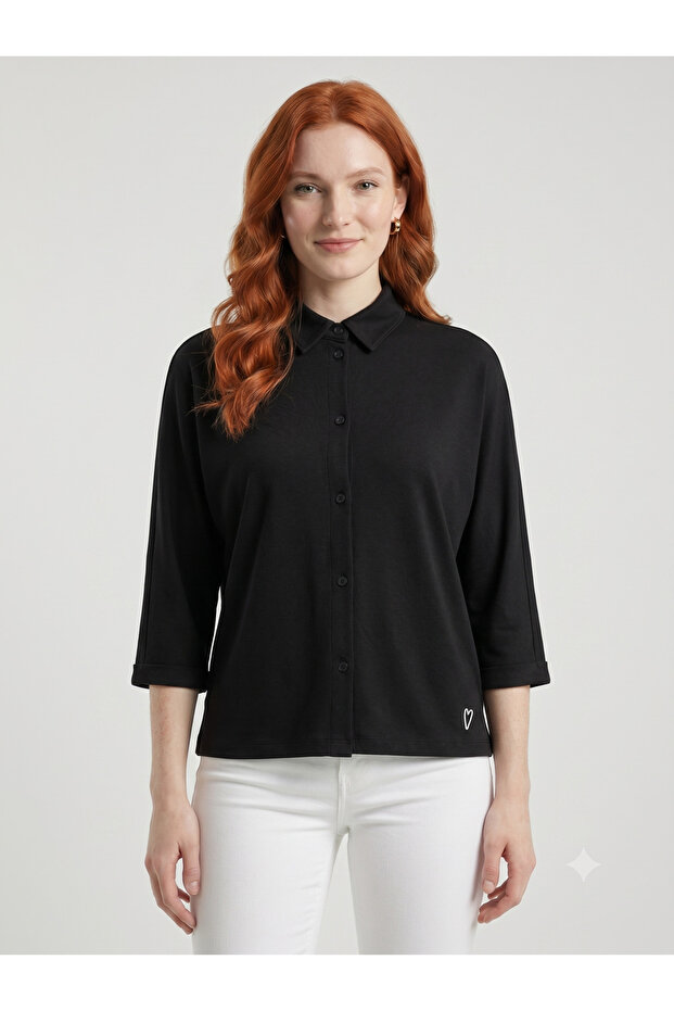 Black Women's Long Sleeve Buttoned Shirt Collar Blouse