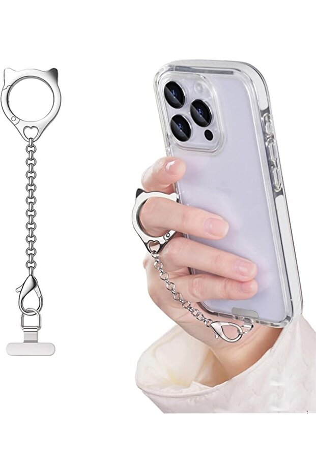 Metal Cat Head Phone Ring Chain Lanyard Keychain